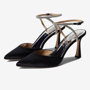 Badgley Mischa sz 9.5 black & silver Kamilah heels w/ rhinestone ankle strap